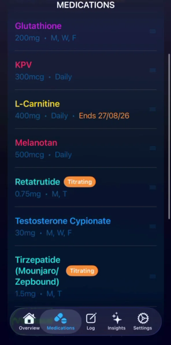 OptiPin Medications list showing a Titrating badge on a medication