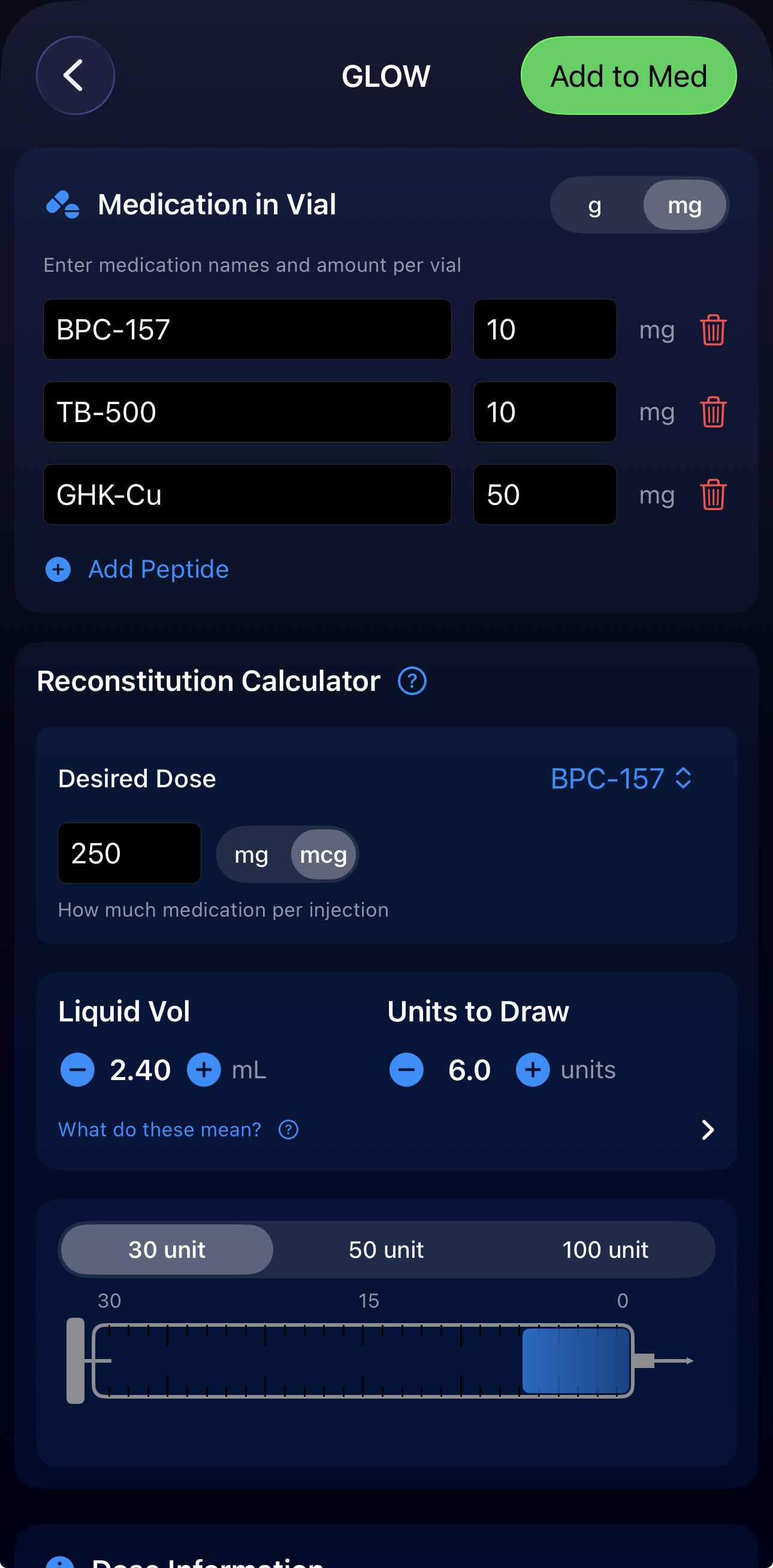 Reconstitution calculator for a peptide stack