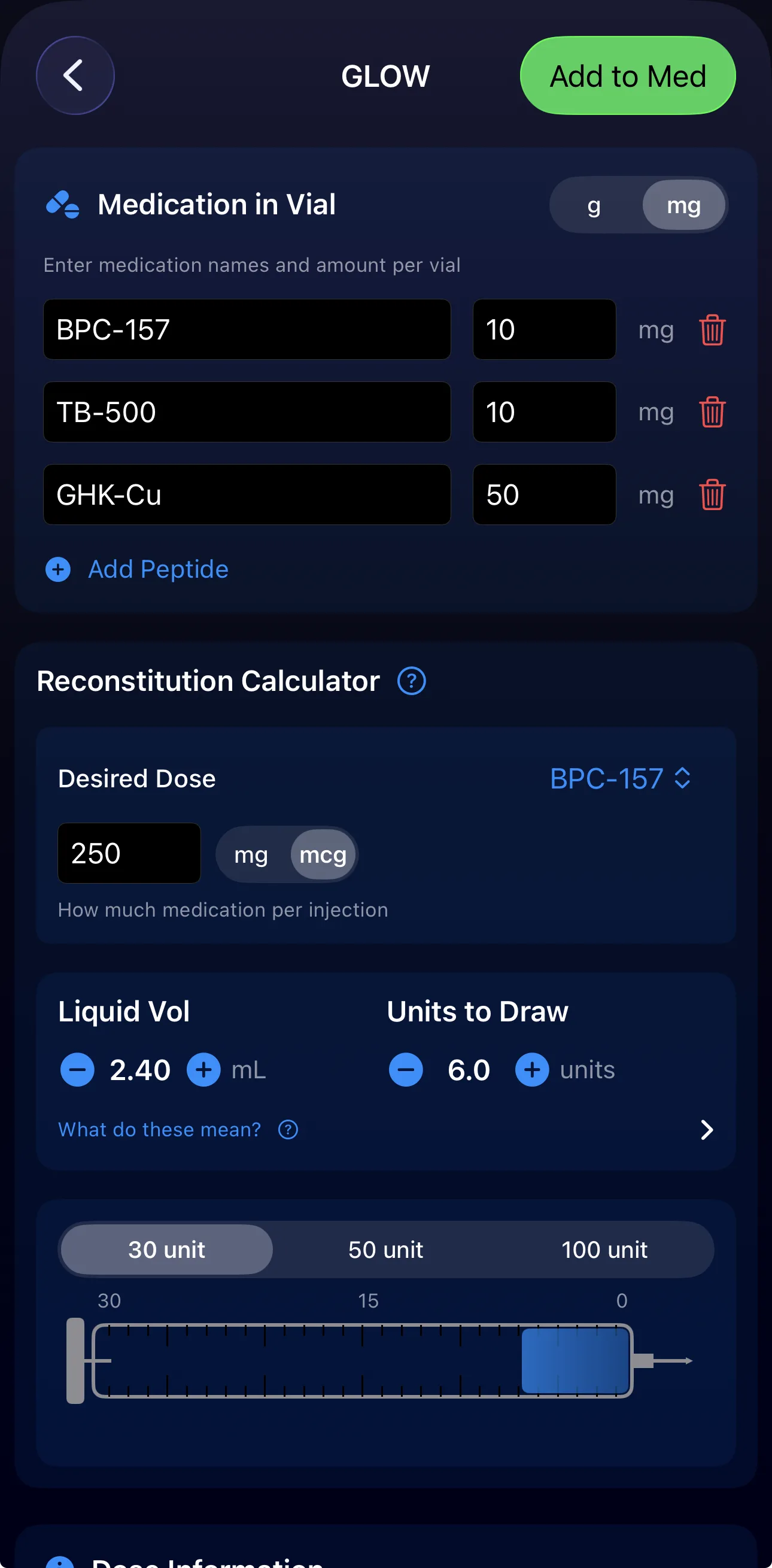 Calculadora de reconstituição para um stack de peptídeos