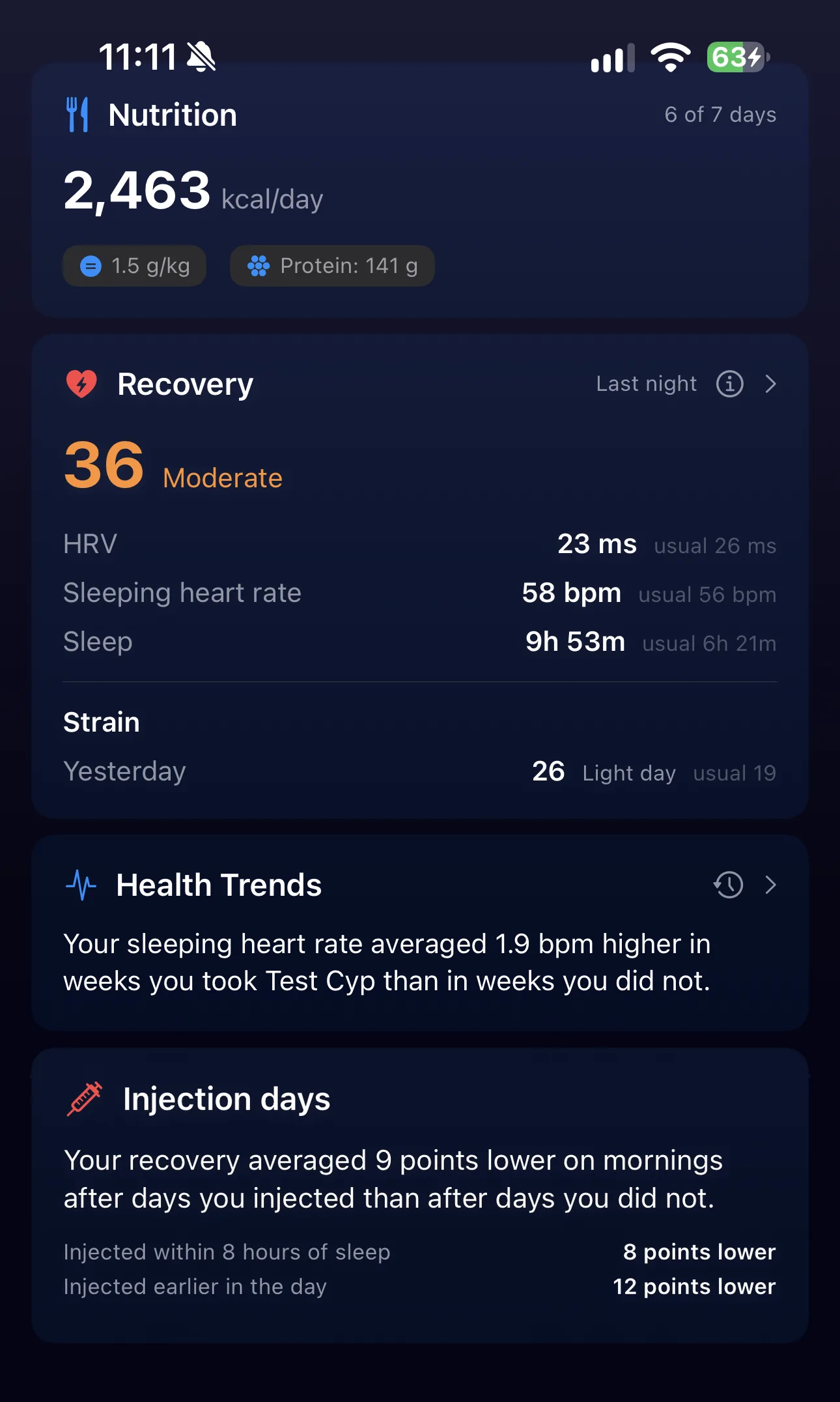 OptiPin Recovery card scoring last night at 36 (Moderate) with HRV 23 ms against a usual 26 ms, sleeping heart rate 58 bpm against 56 and 9h 53m of sleep, then strain 26, a Health Trends finding and an injection-days comparison